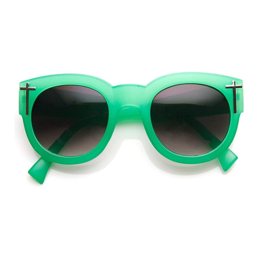 Bold Oversized Cross Adorned Temple Round Sunglasses (Green)